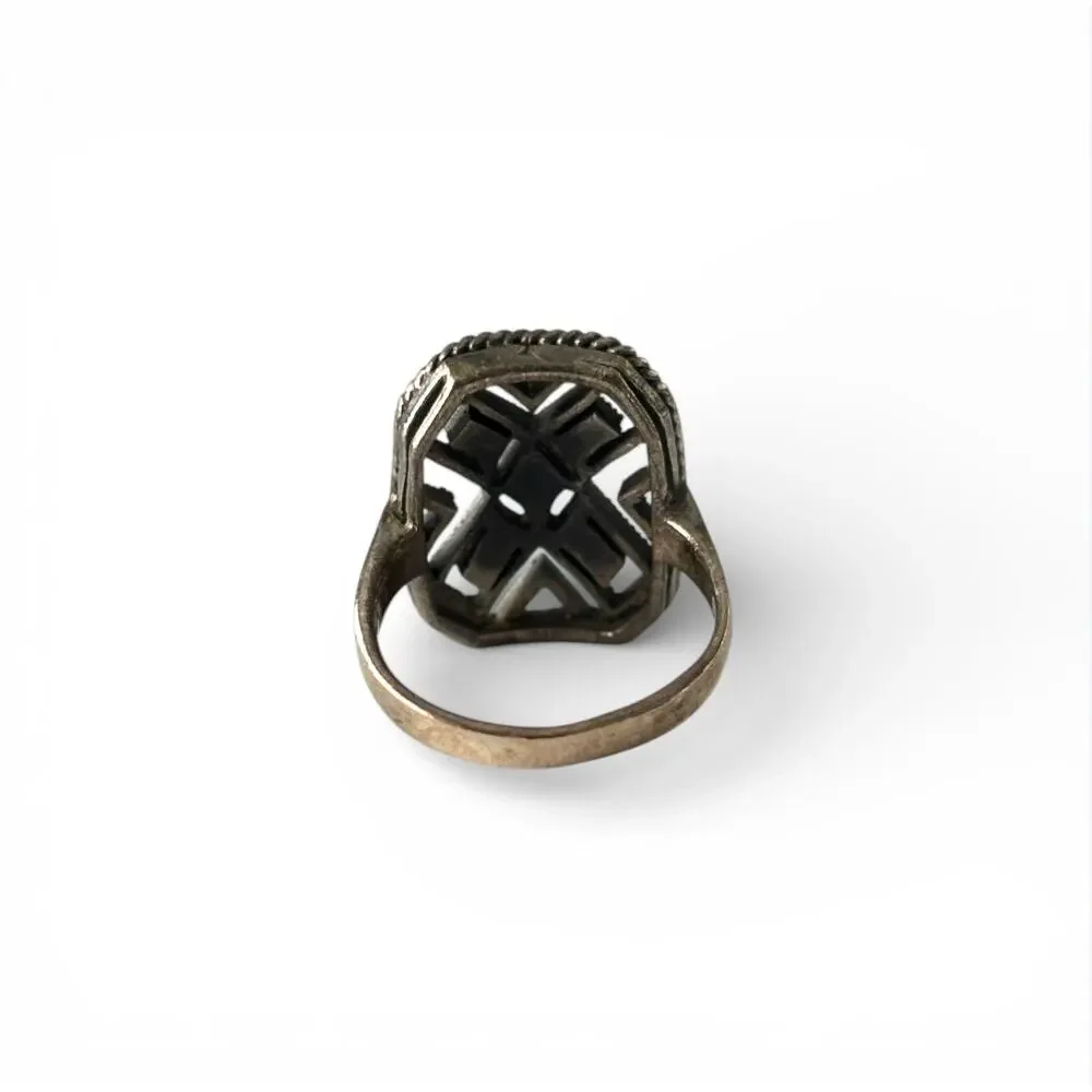 VTG Sterling Silver & Marcasites Rectangular Openwork Ring Size 5.75 - Tarnished